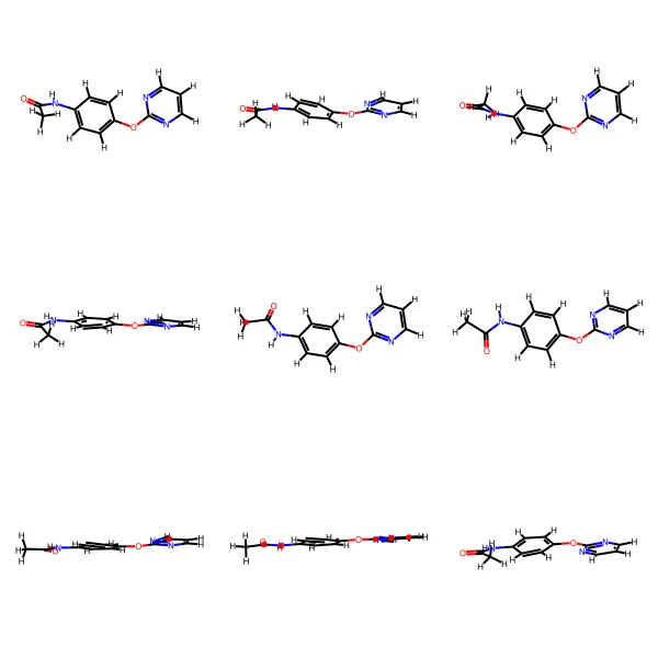 GEOM dataset example molecule: N-(4-pyrimidin-2-yloxyphenyl)acetamide