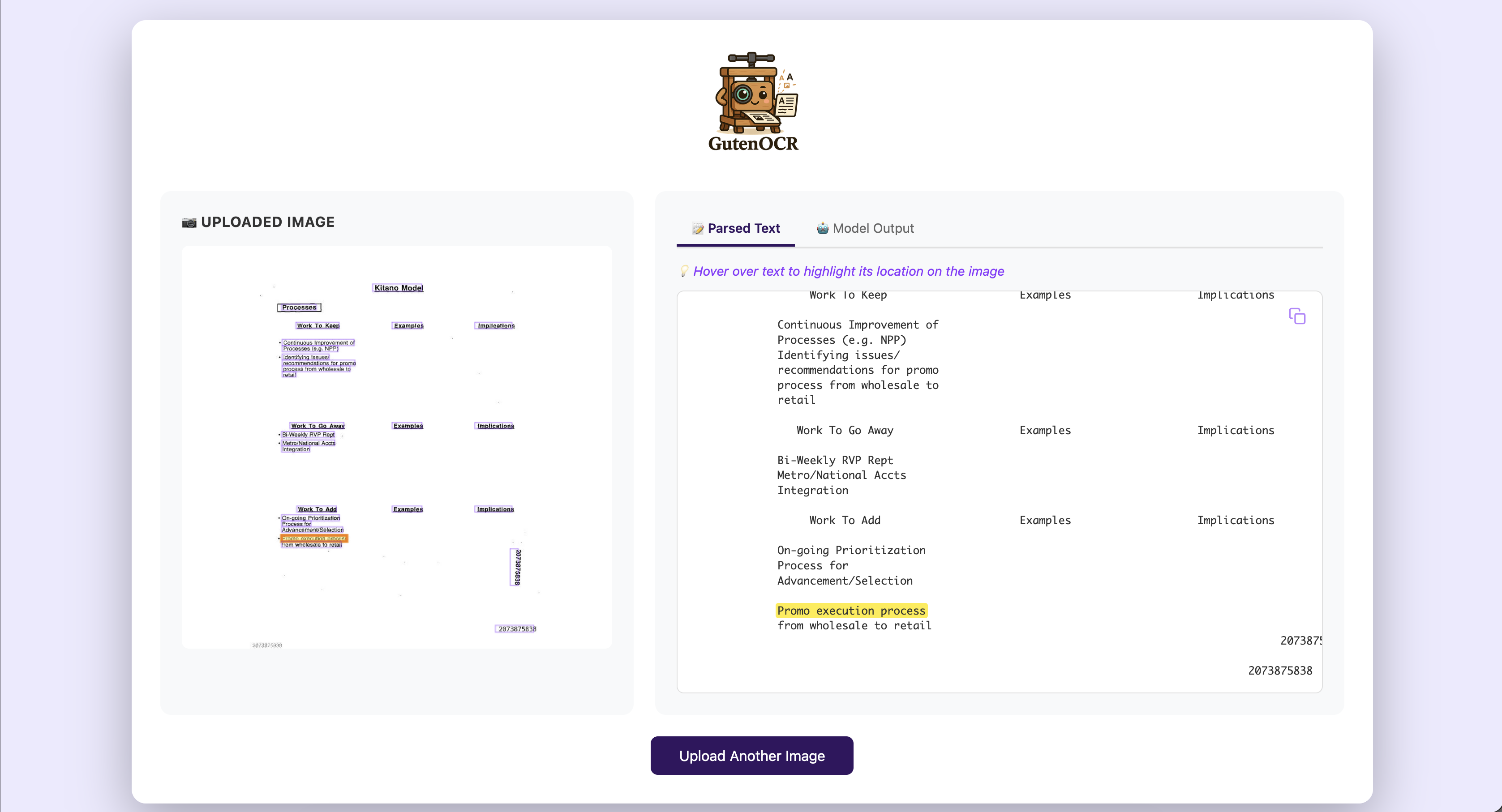 GutenOCR demo interface showing parsed text with hover-to-highlight on the uploaded image GutenOCR demo interface showing parsed text with hover-to-highlight on the uploaded image