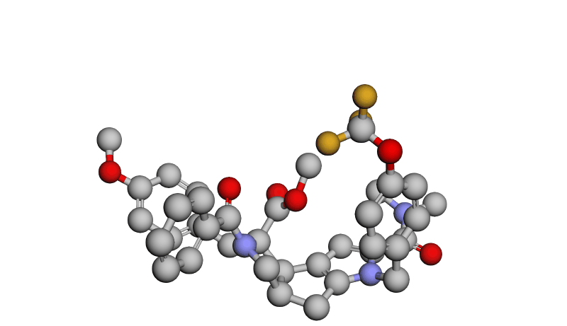 Example conformer from Drugs-75K (SMILES: `COC(=O)[C@@]1(Cc2ccc(OC)cc2)[C@H]2c3cc(C(=O)N(C)C)n(Cc4ccc(OC(F)(F)F)cc4)c3C[C@H]2CN1C(=O)c1ccccc1`; IUPAC: methyl (2R,3R,6R)-4-benzoyl-10-(dimethylcarbamoyl)-3-[(4-methoxyphenyl)methyl]-9-[[4-(trifluoromethoxy)phenyl]methyl]-4,9-diazatricyclo[6.3.0.02,6]undeca-1(8),10-diene-3-carboxylate)