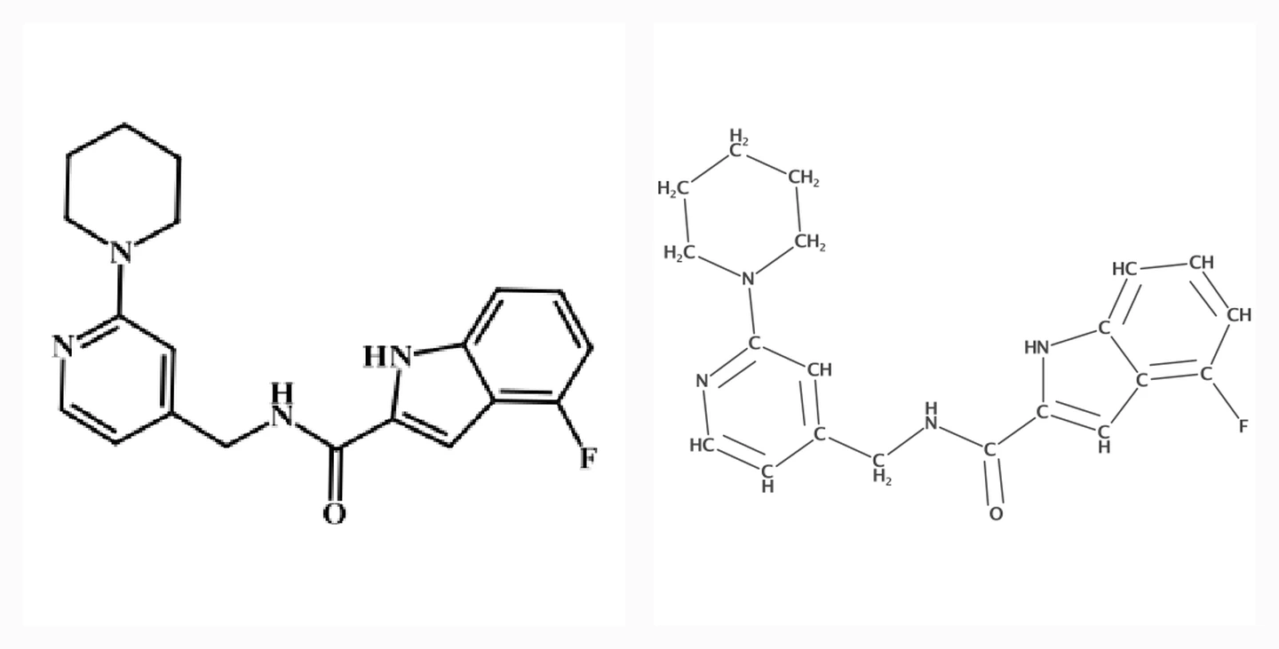 Two renderings of the same molecule side by side, one drawn with bold lines and implicit carbons, the other with thin grey lines and every carbon atom labelled