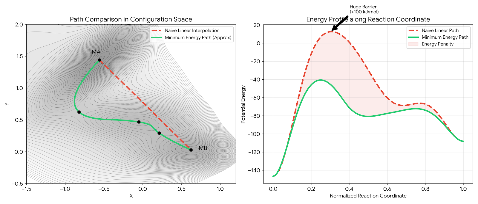 Two-panel comparison showing naive linear interpolation versus minimum energy path. Left panel shows the contour map with both paths overlaid. Right panel shows the energy profile along each path, revealing the naive path hits a barrier over 100 kJ/mol higher.