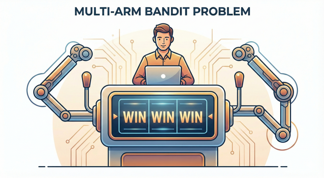 Vintage slot machine with multiple arms representing the multi-arm bandit problem in machine learning