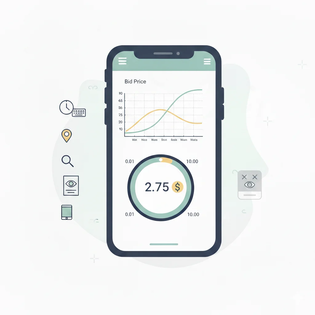 Illustration of a multi-arm bandit algorithm applied to online ad bidding, showing a marketer adjusting bid prices in real-time auctions for ad placements