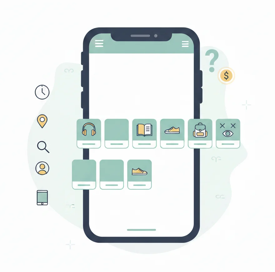 Illustration of a multi-arm bandit algorithm applied to e-commerce recommendations, showing a user interacting with a carousel of product recommendations on a website