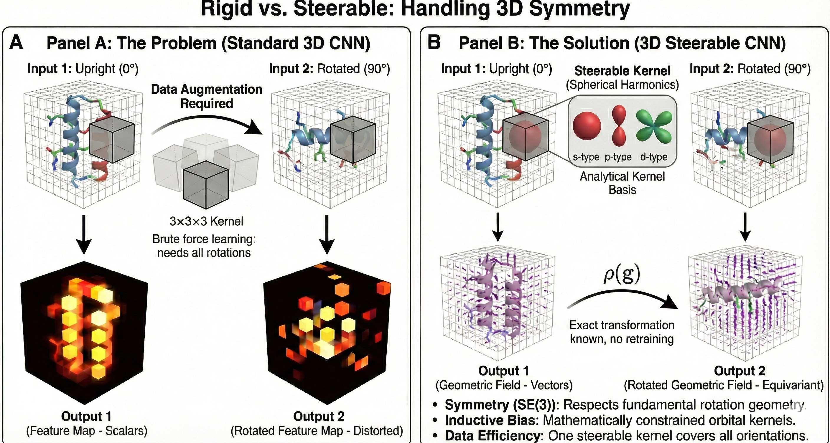 Comparison of standard 3D CNN versus 3D Steerable CNN for handling rotational symmetry