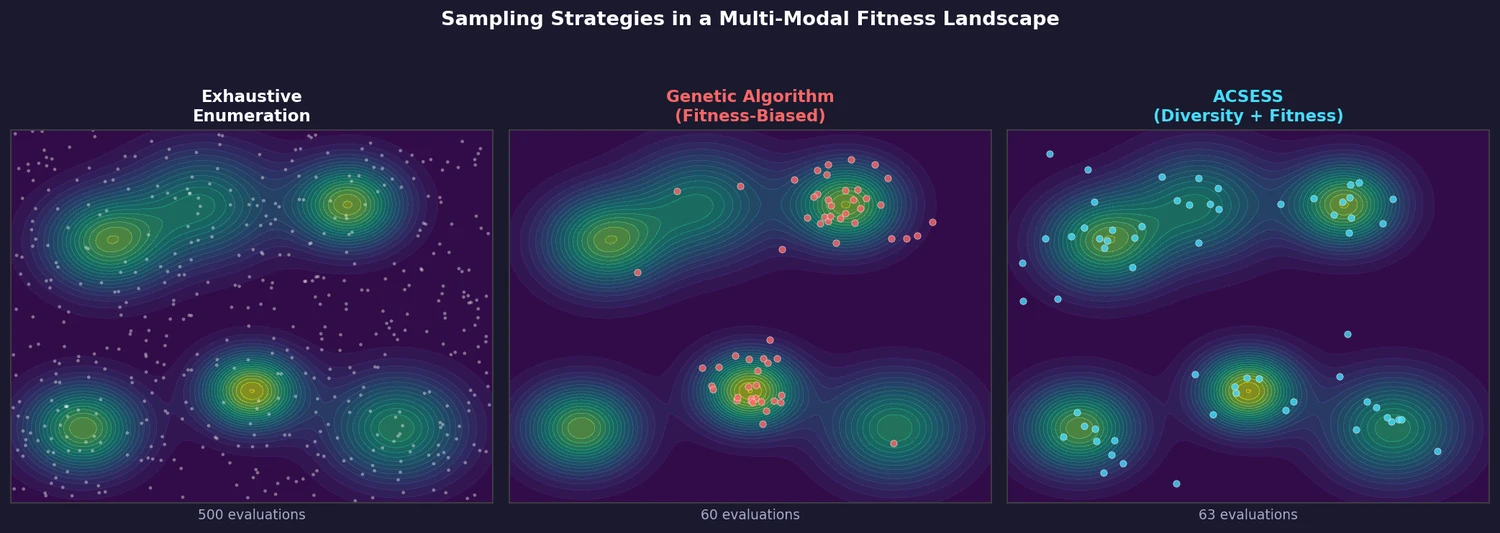 Three panels comparing sampling strategies in a multi-modal fitness landscape: exhaustive enumeration, genetic algorithm clustering around few peaks, and ACSESS covering all peaks with fewer evaluations