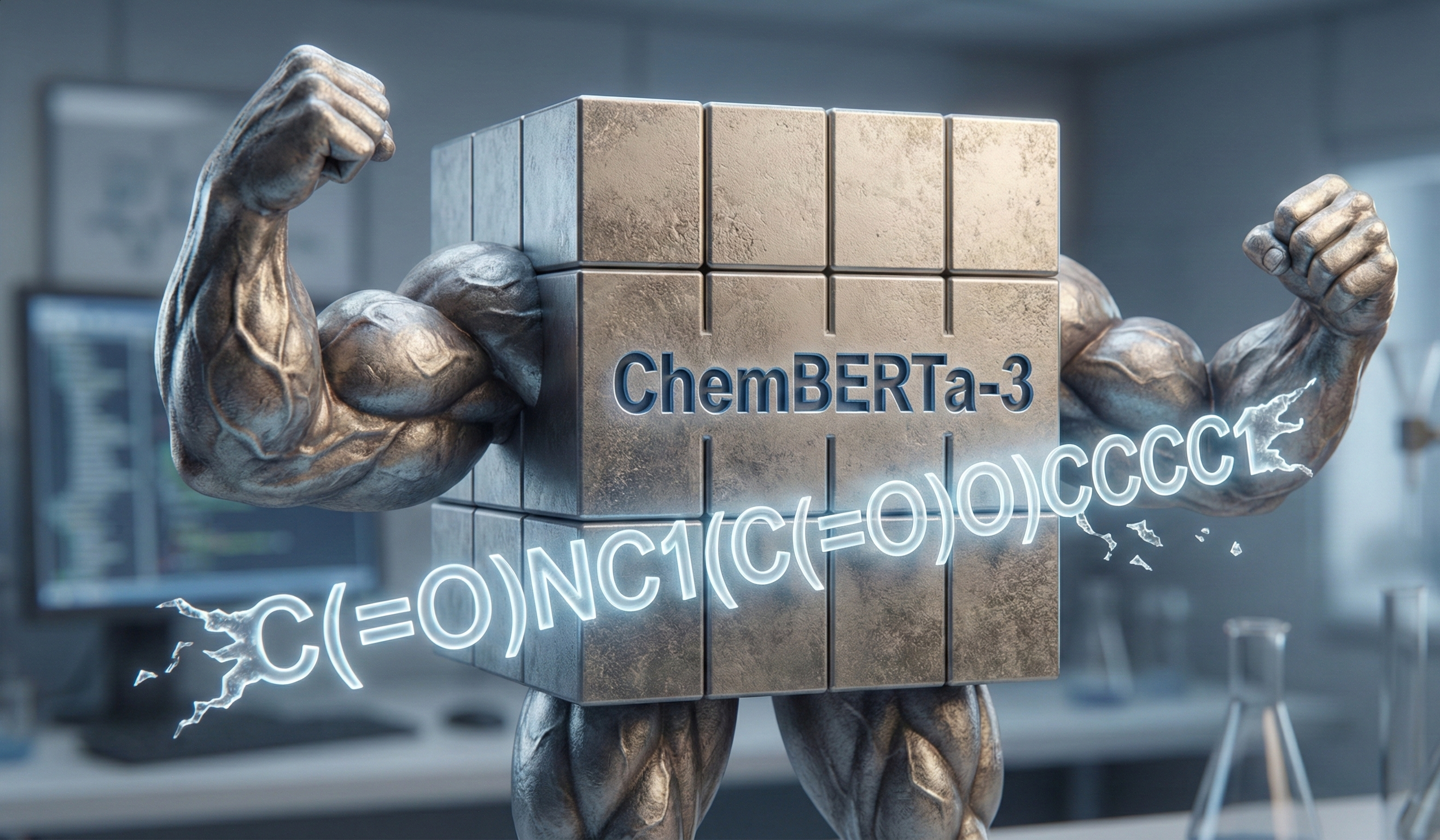 ChemBERTa-3 visualization showing muscular arms lifting a stack of building blocks representing molecular data with SMILES notation, symbolizing the power and scalability of the open-source training framework