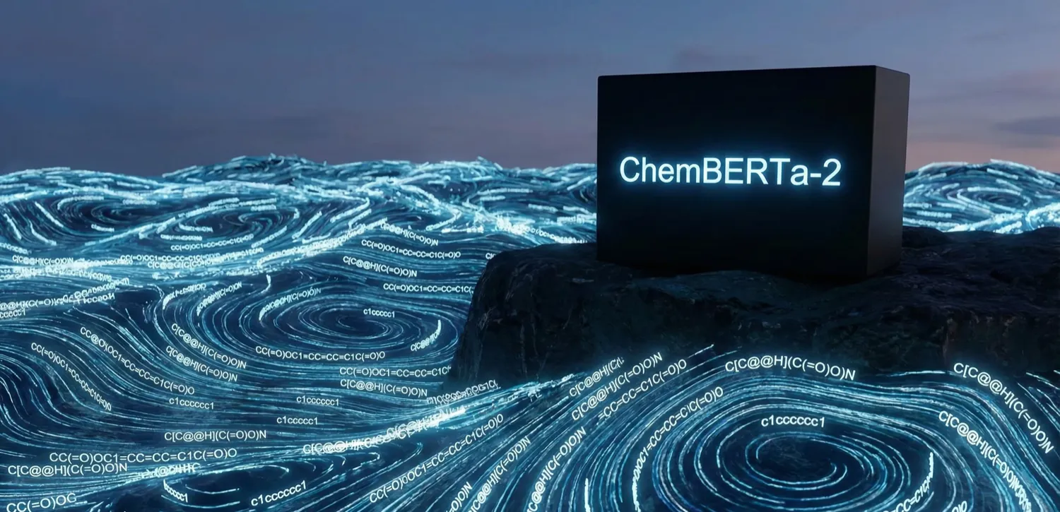 ChemBERTa-2 visualization showing flowing SMILES strings in blue tones representing molecular data streams