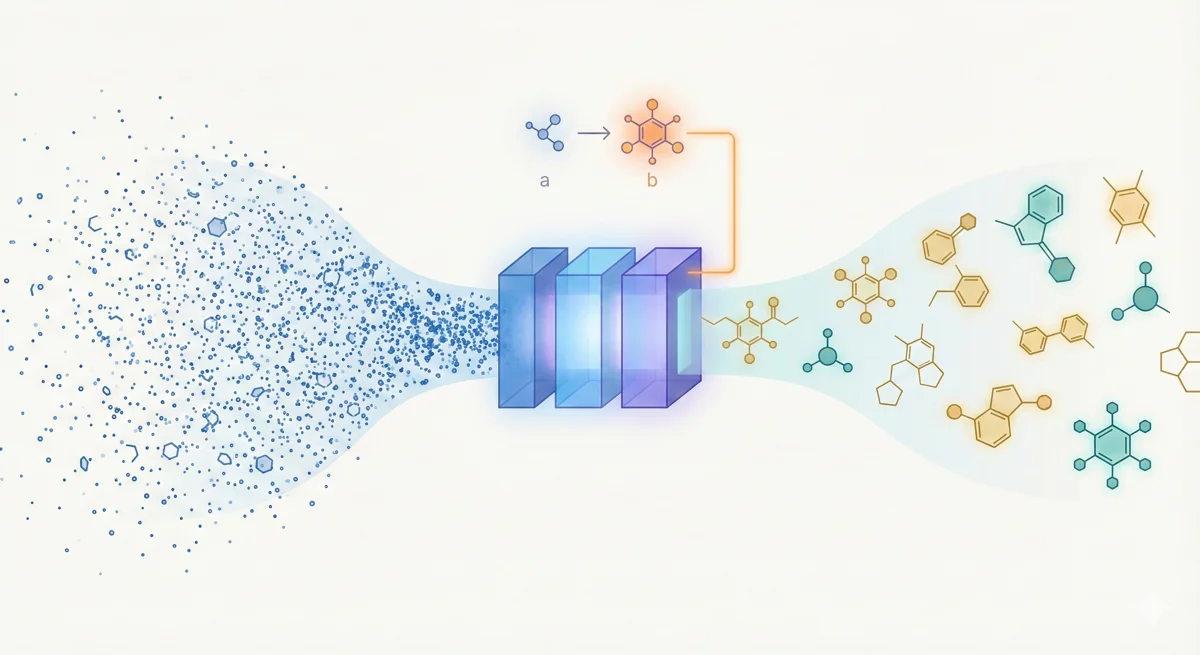 GP-MoLFormer architecture showing large-scale SMILES input, linear-attention transformer decoder, and property optimization via pair-tuning soft prompts