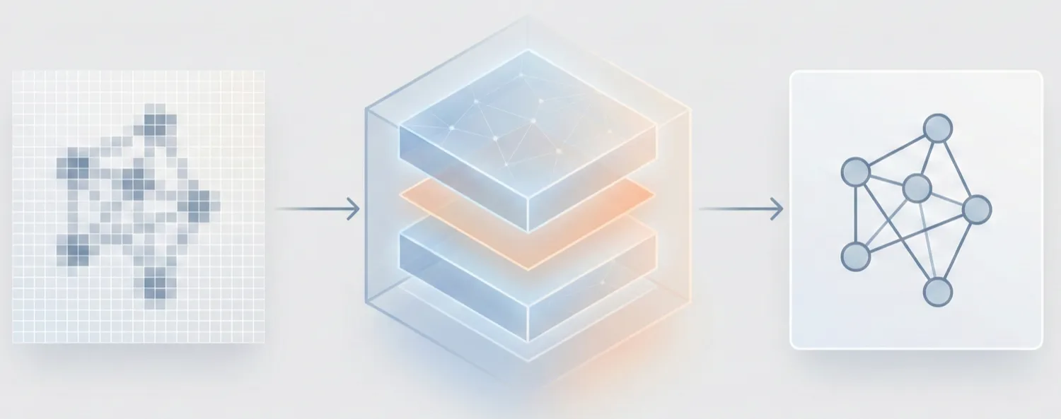 Diagram showing a pixelated chemical image passing through a multi-layer encoder to produce a molecular graph with nodes and edges.