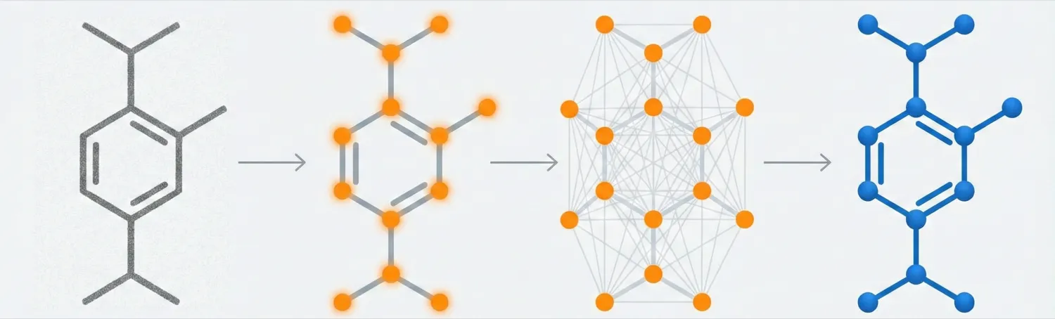 Pipeline diagram showing keypoint detection, supergraph construction, and GNN classification for molecular structure recognition