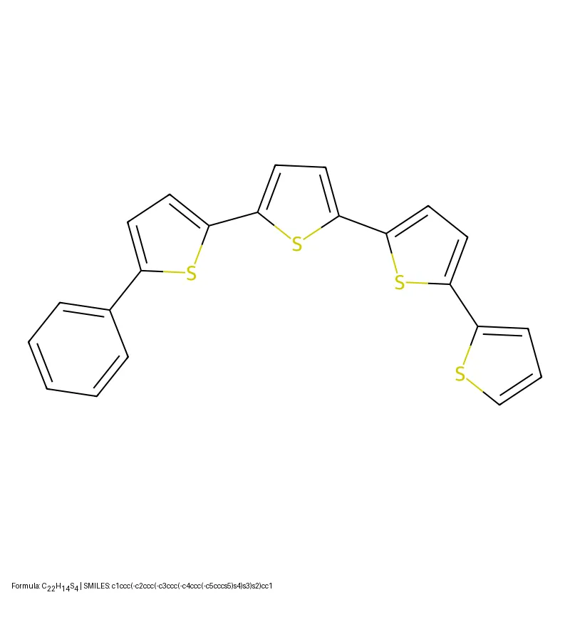 2D structure of a phenyl-quaterthiophene, a conjugated organic molecule representative of the photovoltaic donor materials benchmarked in the Tartarus platform