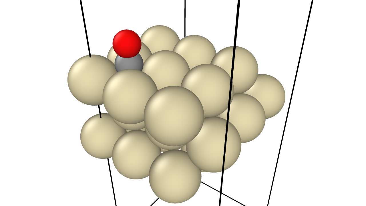 Carbon monoxide molecule adsorbed on Pt(100) FCC surface in hollow site configuration