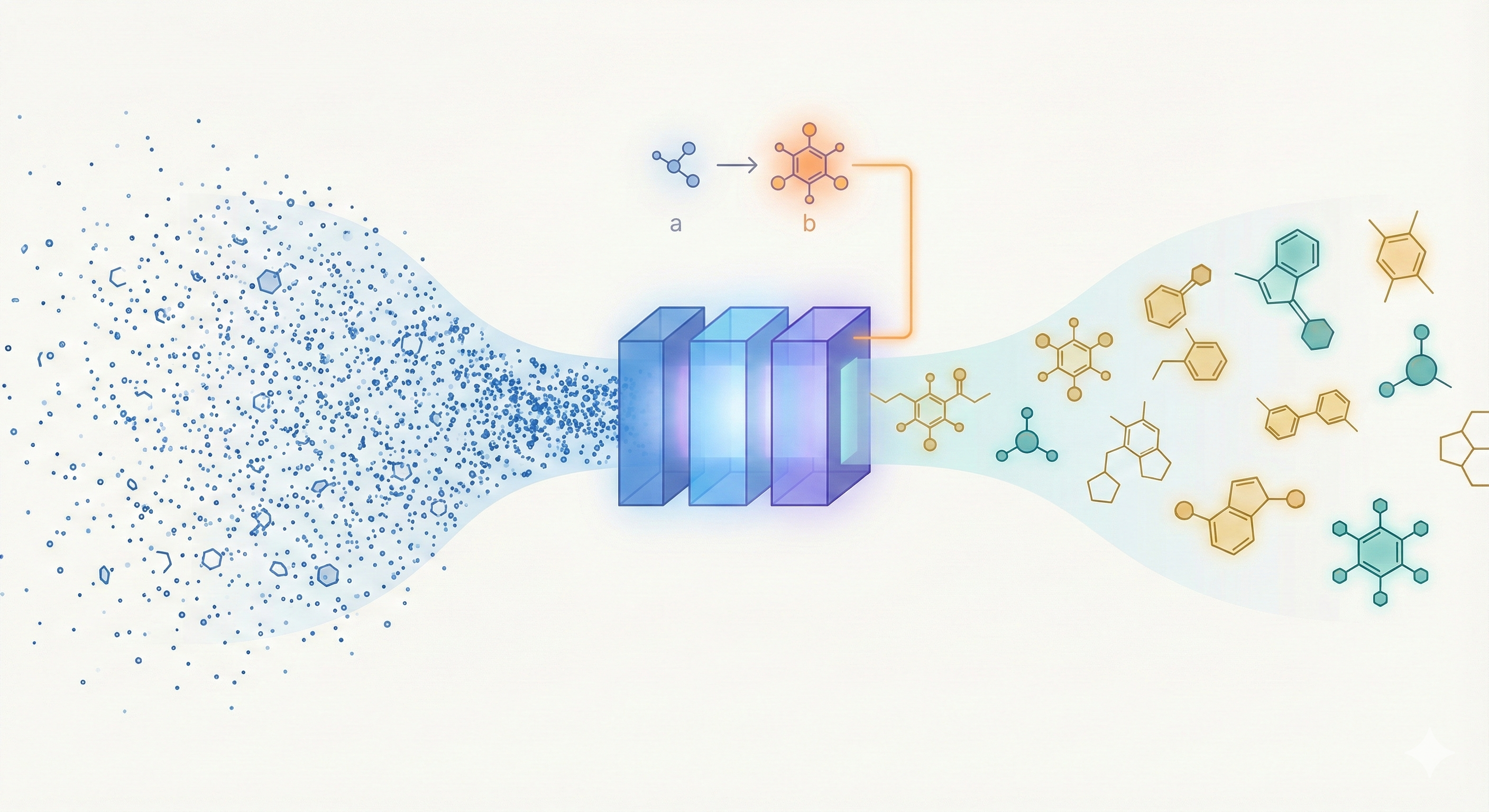 GP-MoLFormer architecture showing large-scale SMILES input, linear-attention transformer decoder, and property optimization via pair-tuning soft prompts