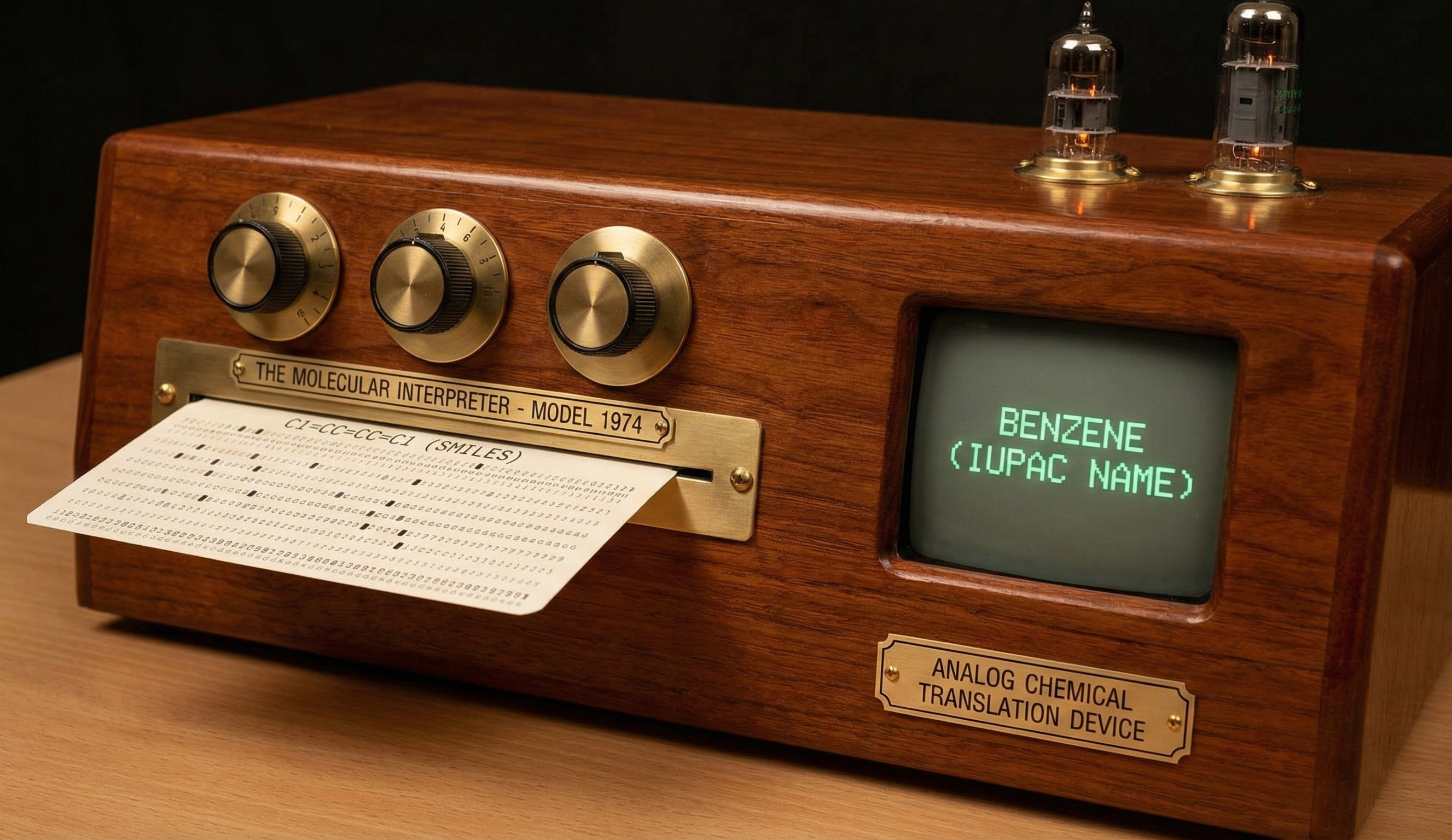 Vintage wooden device labeled 'The Molecular Interpreter - Model 1974' with vacuum tubes, showing SMILES to IUPAC name translation