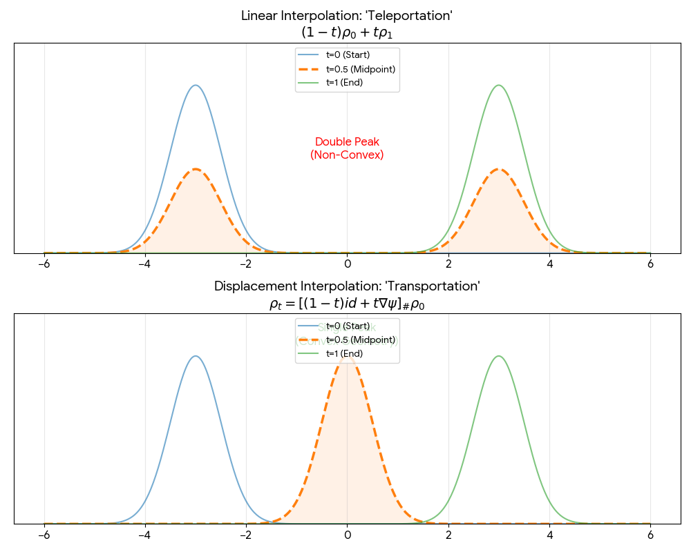 Comparison of linear interpolation (teleportation) showing double peaks versus displacement interpolation (transportation) showing smooth single peak