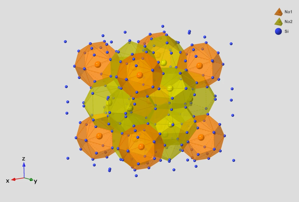 Crystal structure of Na8Si46 clathrate displaying dodecahedral and tetrakaidecahedral coordination polyhedra