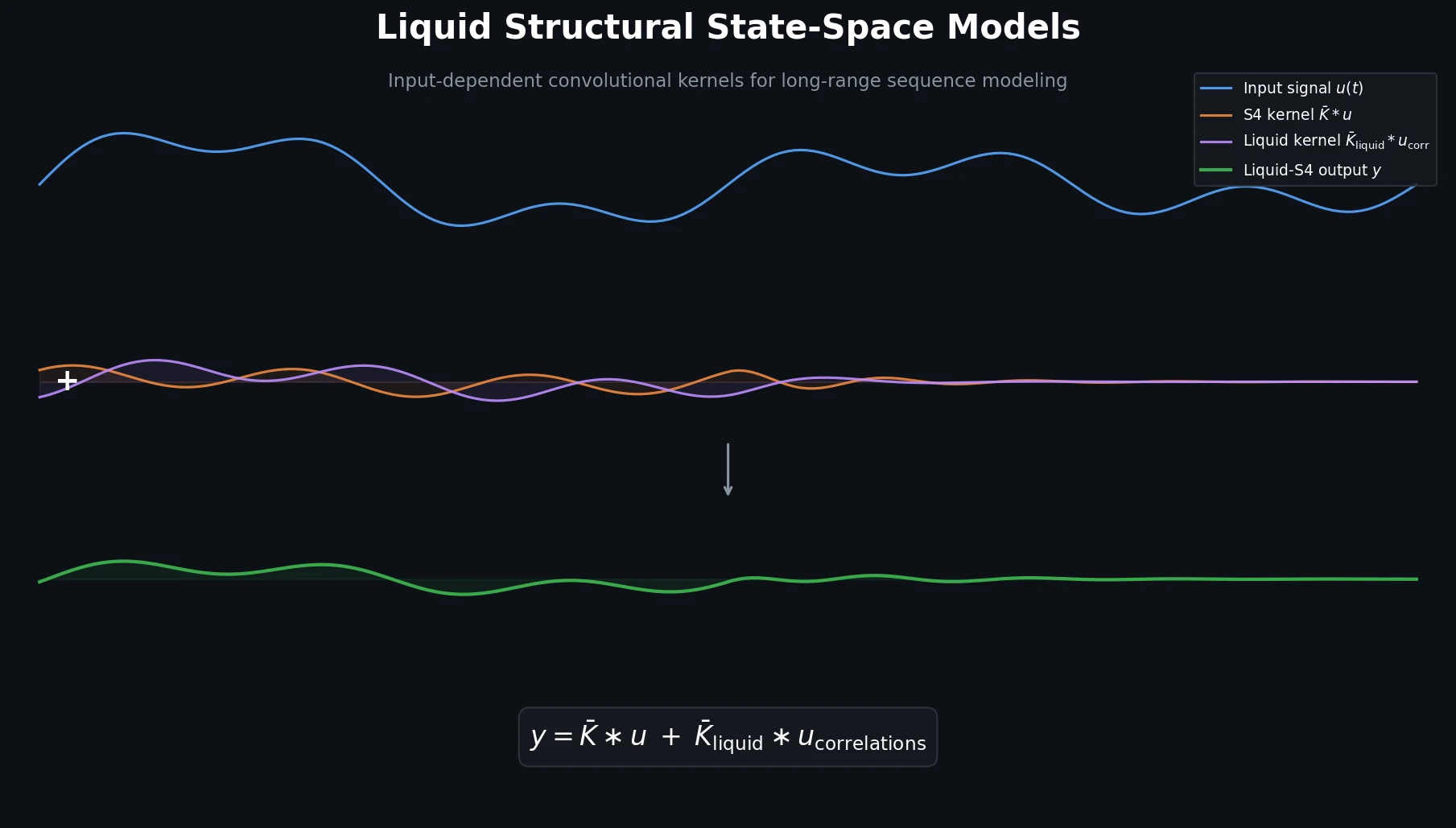 Visualization of Liquid-S4 kernel decomposition showing input signal, S4 kernel, liquid kernel, and combined output