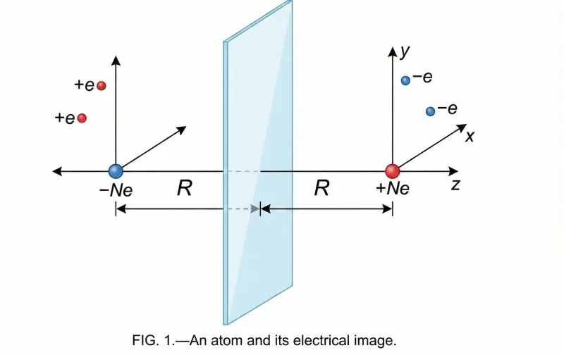Schematic showing atom-surface interaction using the method of images