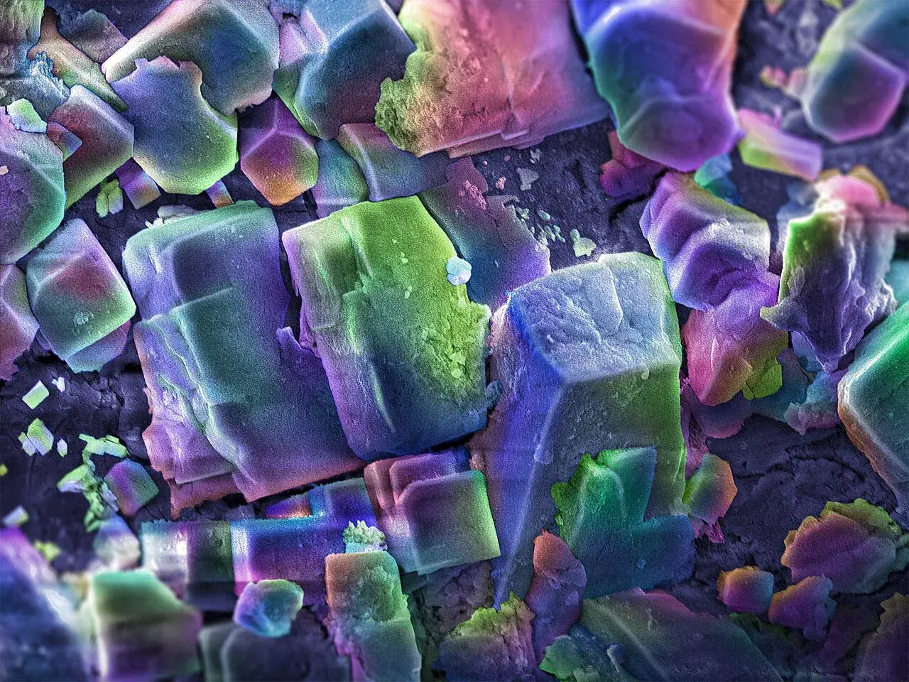 Colorized electron microscope image of nanostructured indium phosphide surface showing spatially oriented cubic crystallites