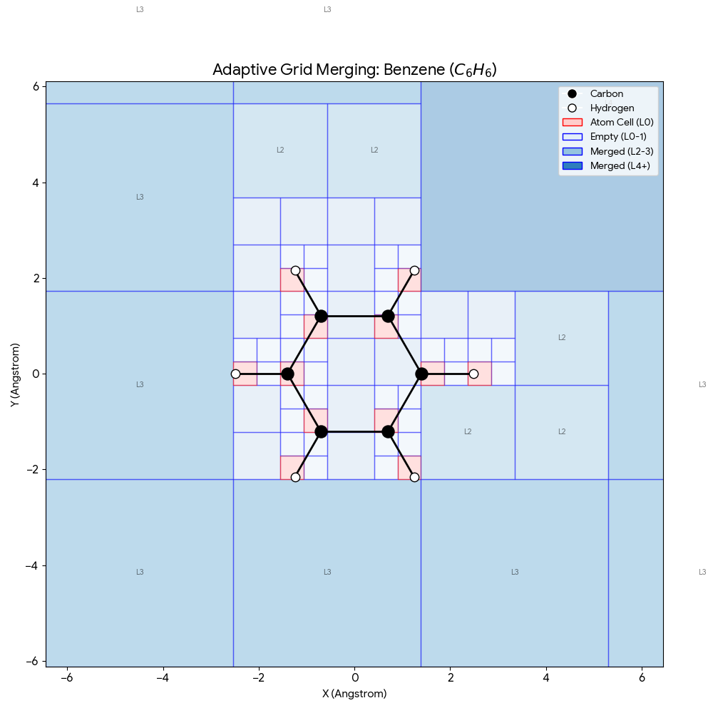 Adaptive grid merging visualization for benzene molecule showing multi-resolution spatial discretization
