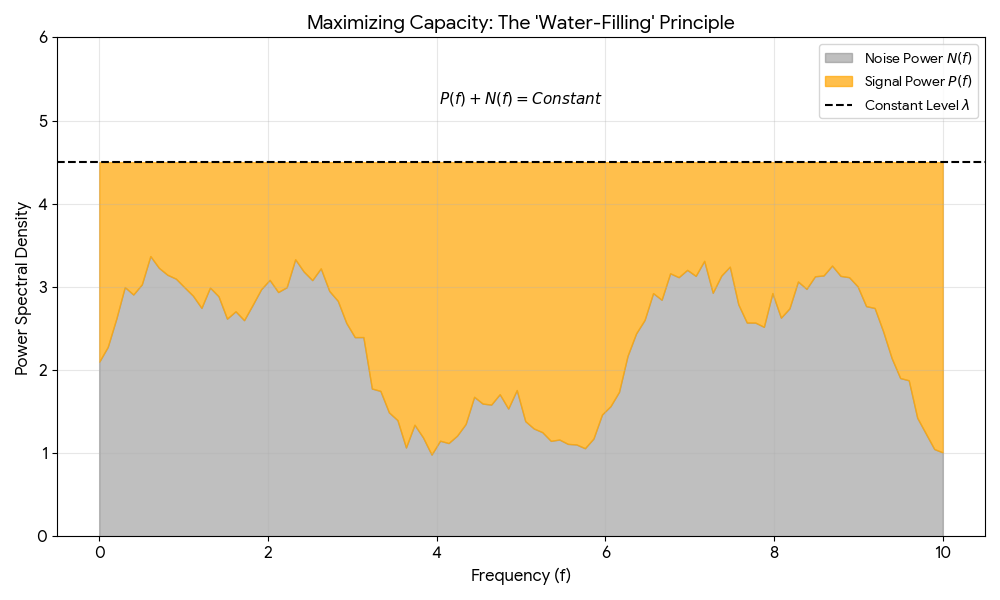 The water-filling principle for optimal power allocation. Gray area shows noise power N(f) varying across frequencies, orange area shows signal power P(f) allocated to fill up to a constant level lambda, such that P(f) + N(f) equals a constant.