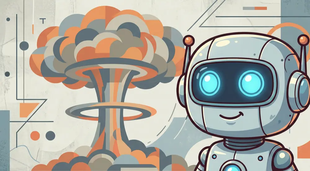 A humorous dialogue where an AI confidently initiates a nuclear strike but immediately apologizes when corrected by the user