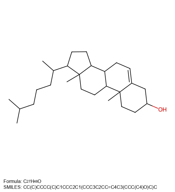 Cholesterol molecular structure with wrapped SMILES legend